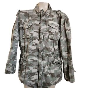 Sammy & May‎ Camo Utility Field Jacket unisex Green Brown H3621 Cotton Mock Neck